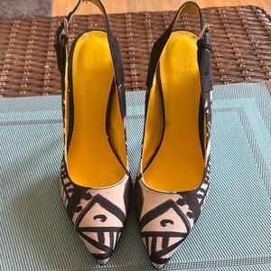 Nine West Black & Cream Geometric Slingback Heels with Yellow Insole